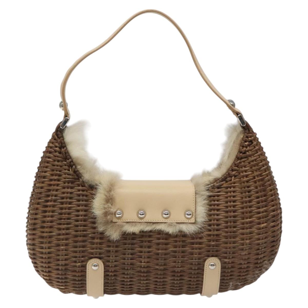 Salvatore Ferragamo Gancini Shoulder Bag Rattan Beige Silver Auth EC583