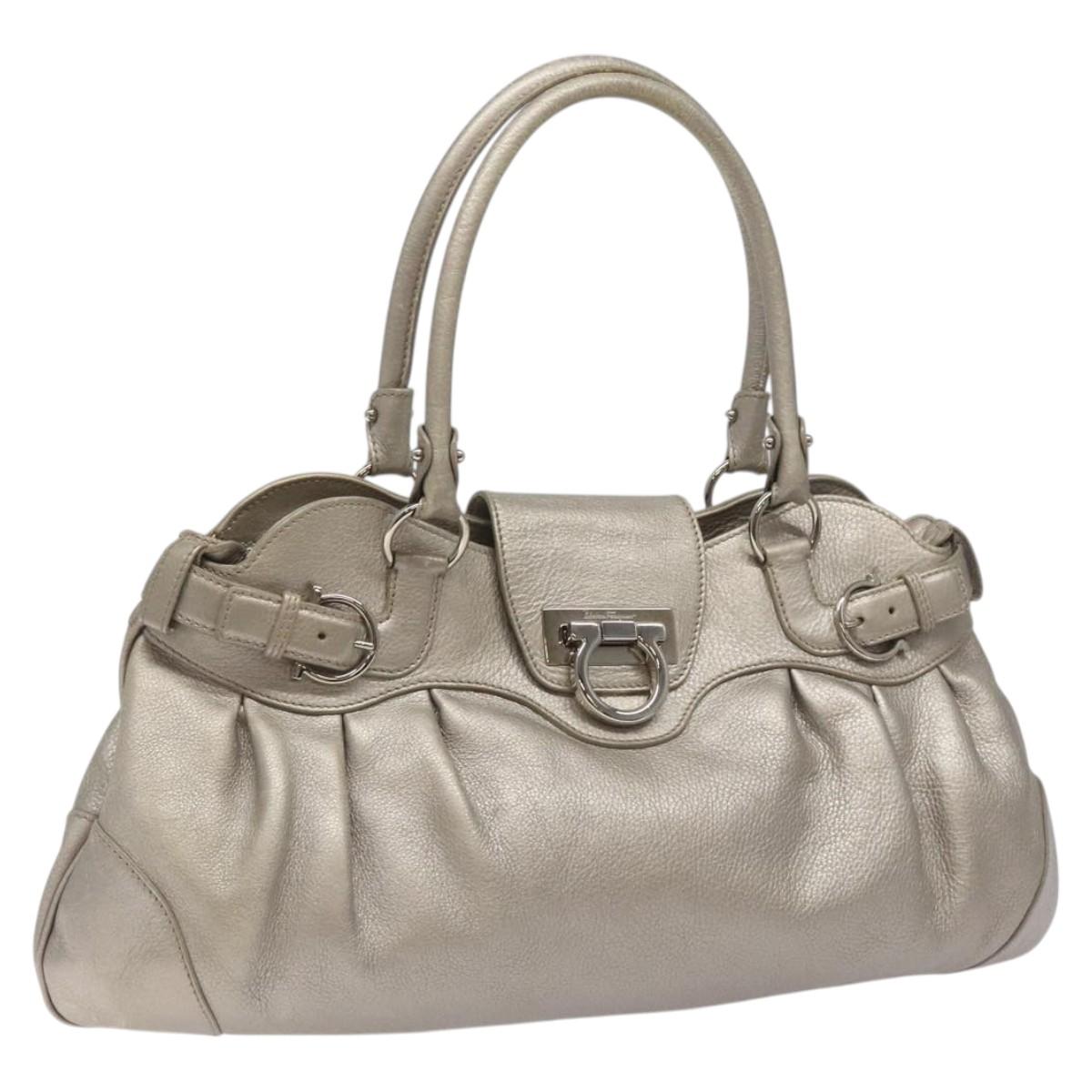 Salvatore Ferragamo Gancini Shoulder Bag Leather Silver Auth EC587