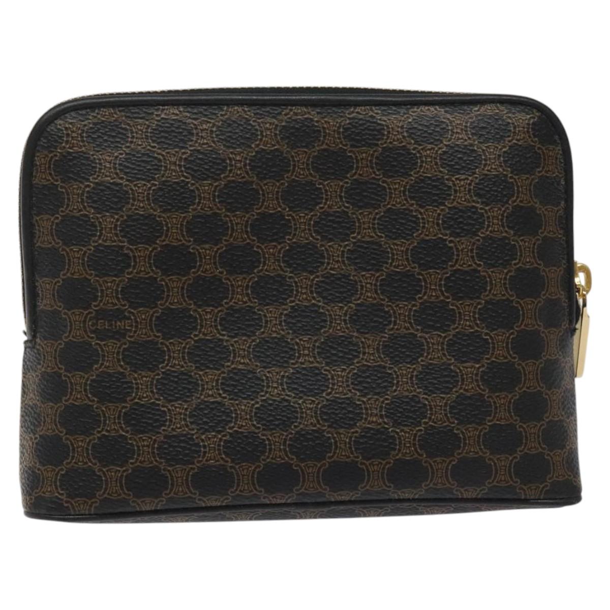 CELINE Macadam Canvas Pouch PVC Leather Black Gold Auth EC600V