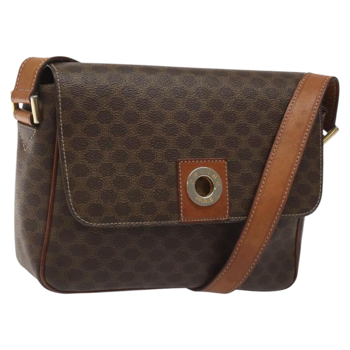 CELINE Macadam Canvas Shoulder Bag PVC Leather Brown Gold Auth EC639