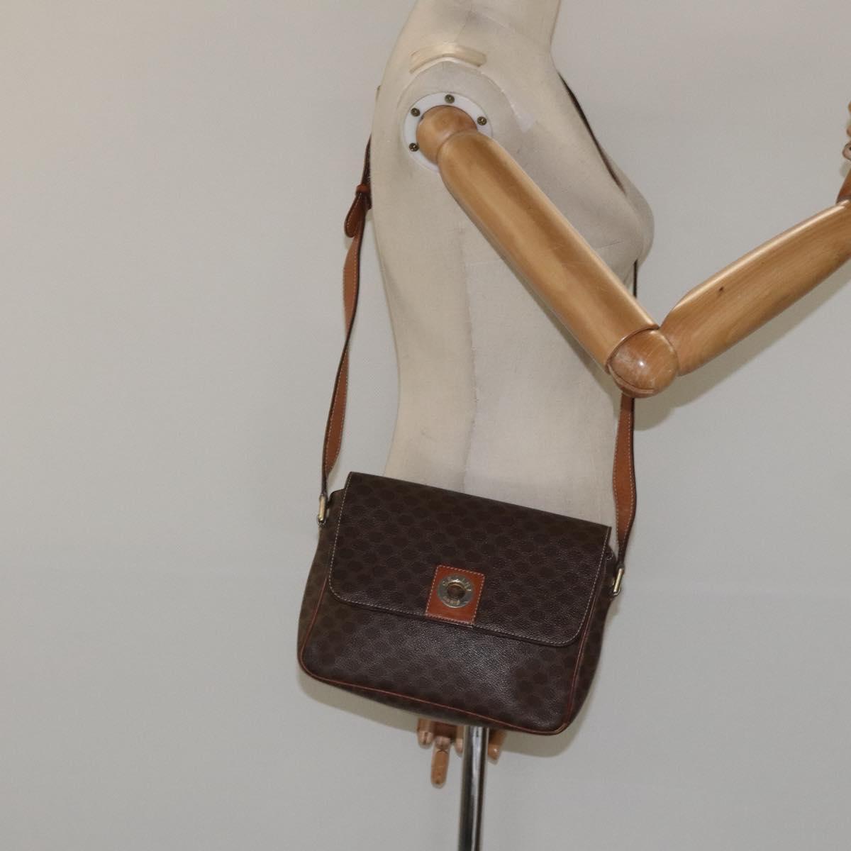 CELINE Macadam Canvas Shoulder Bag PVC Leather Brown Gold Auth EC639