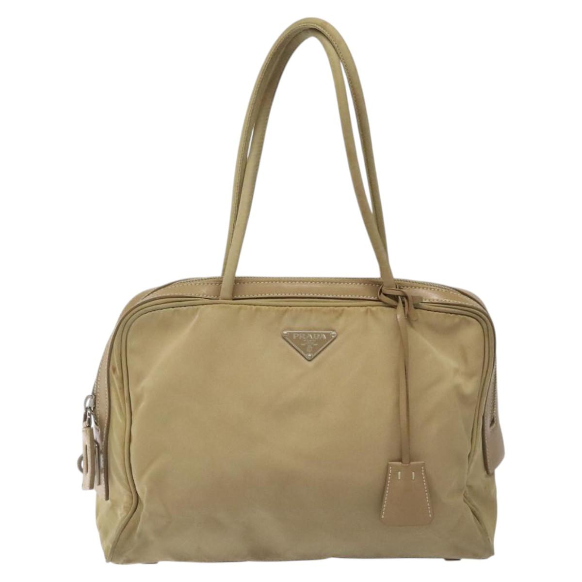 PRADA Hand Bag Nylon Beige Silver Auth EC680