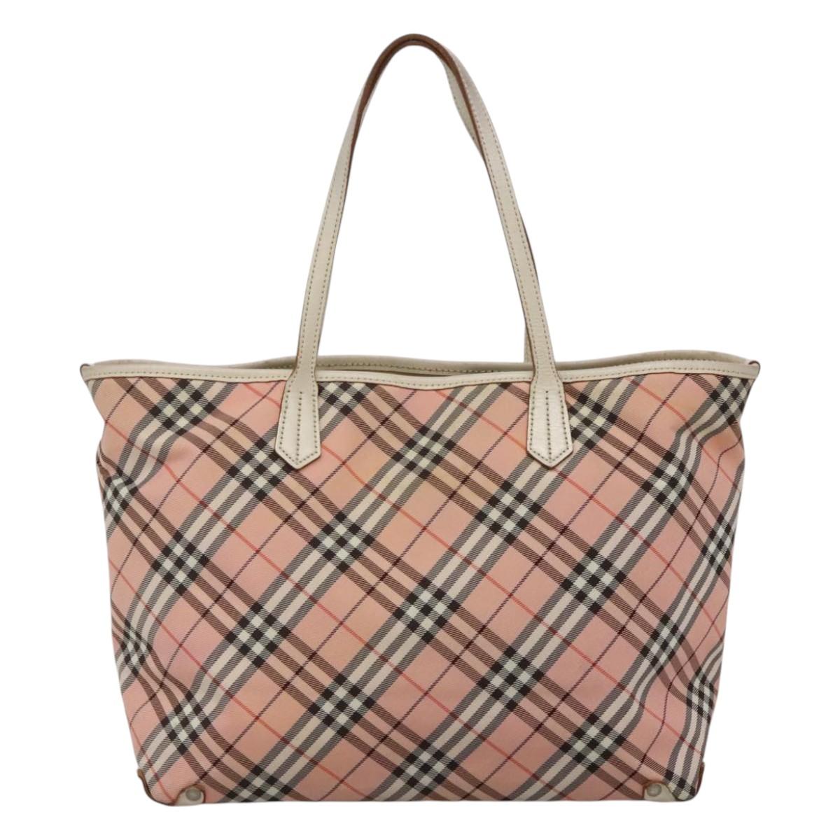 BURBERRY Nova Check Blue Label Tote Bag Nylon Pink White Silver Auth EC681