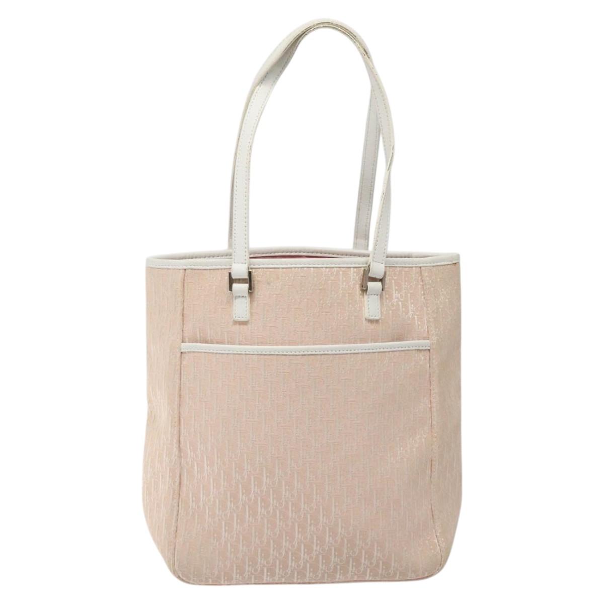 Christian Dior Trotter Canvas Tote Bag Pink White Silver Auth EC695