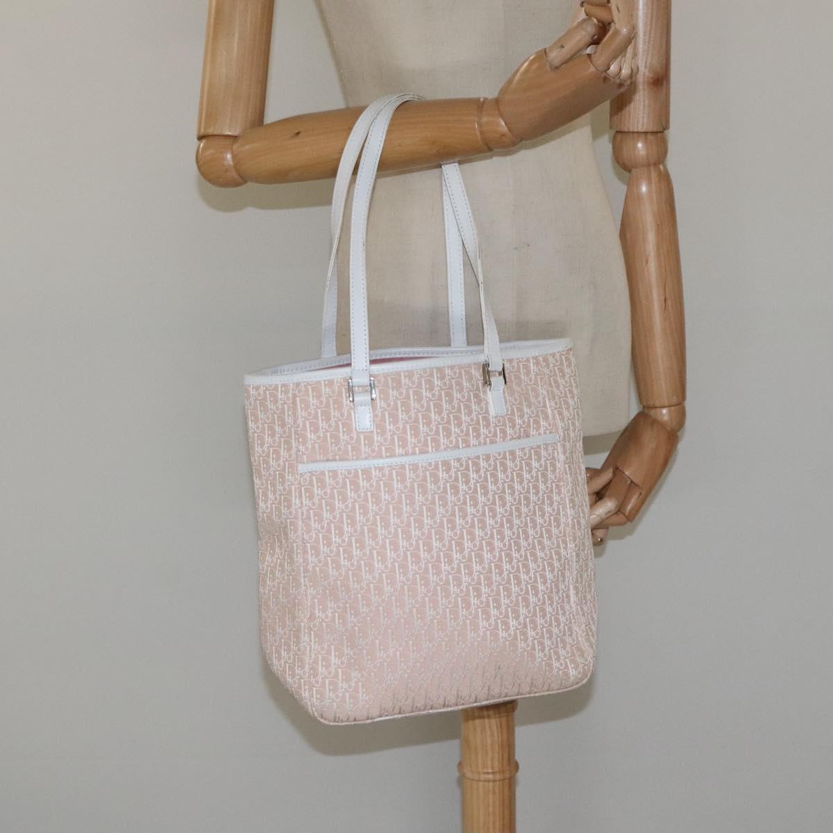 Christian Dior Trotter Canvas Tote Bag Pink White Silver Auth EC695