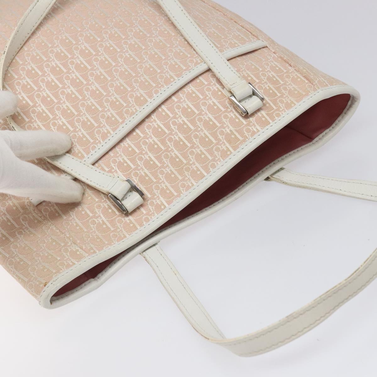 Christian Dior Trotter Canvas Tote Bag Pink White Silver Auth EC695