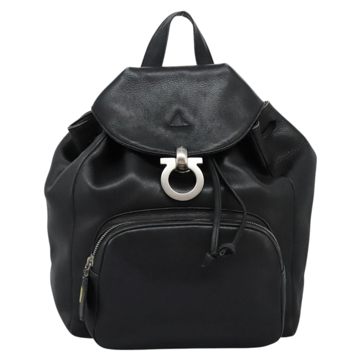 Salvatore Ferragamo Gancini Backpack Leather Black Silver Auth EC696