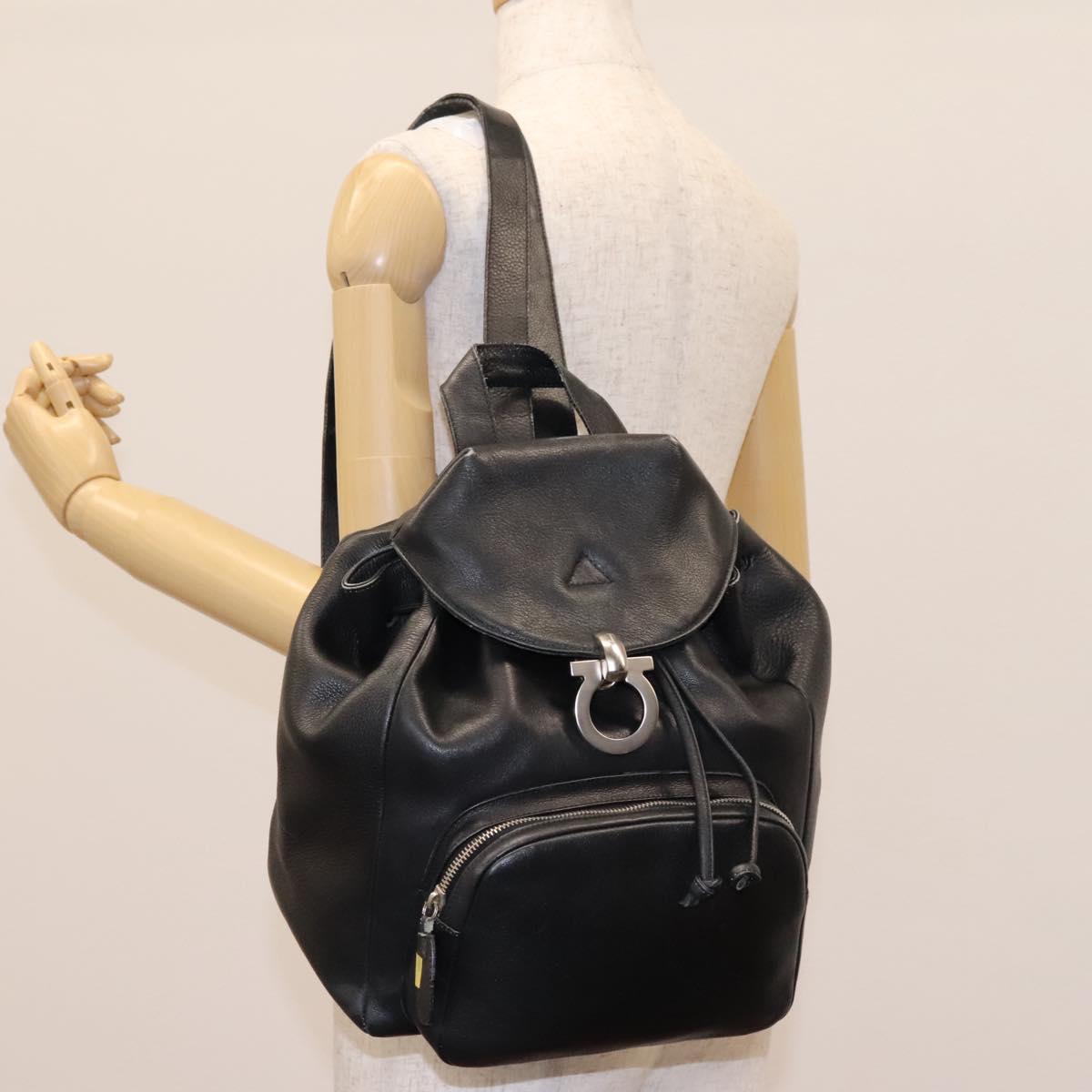 Salvatore Ferragamo Gancini Backpack Leather Black Silver Auth EC696