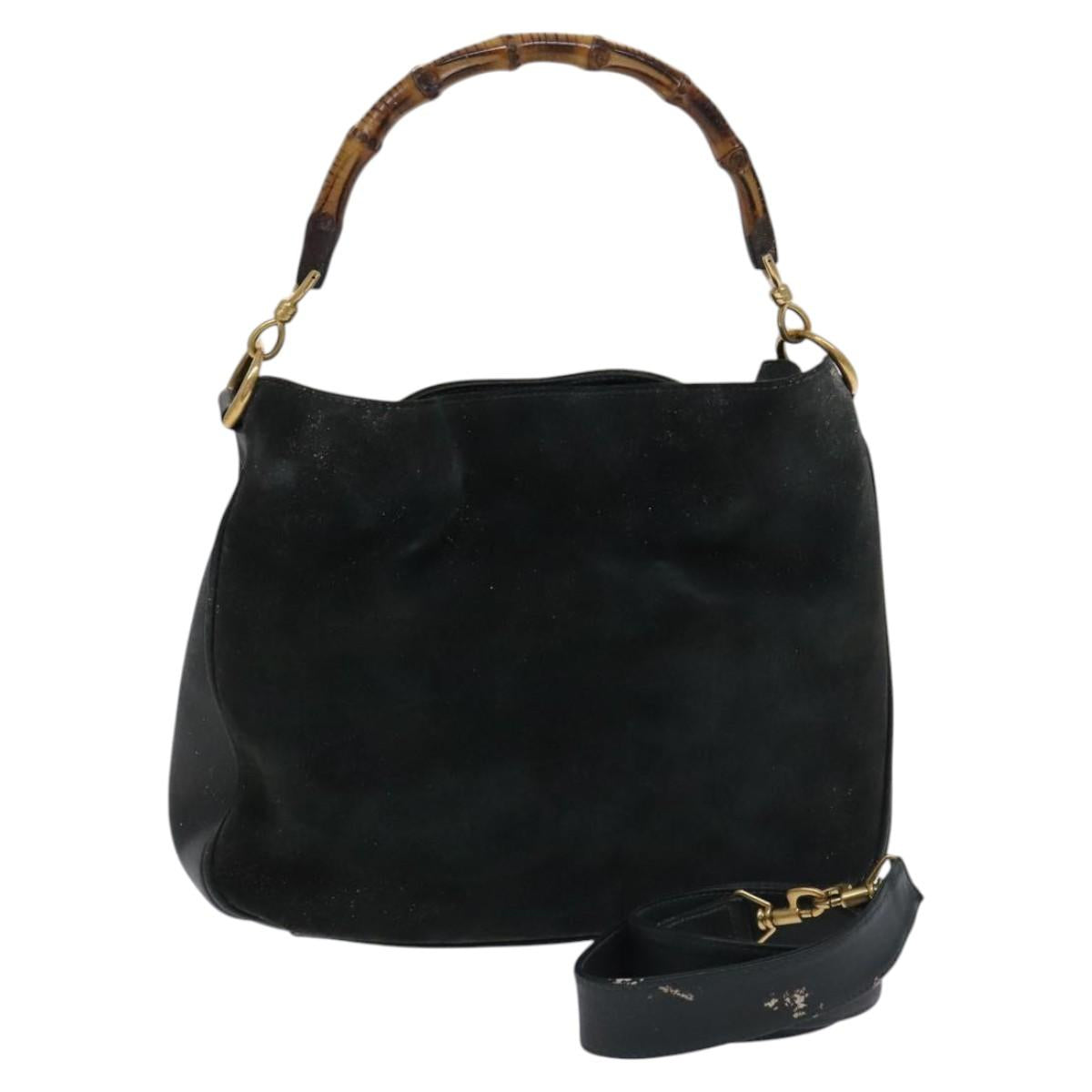 GUCCI Bamboo Shoulder Bag Suede Leather 2way Green Gold Auth EC725
