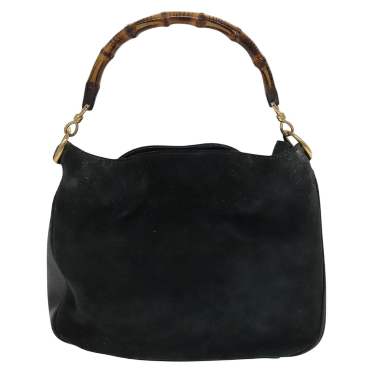 GUCCI Bamboo Shoulder Bag Suede Leather 2way Green Gold Auth EC725