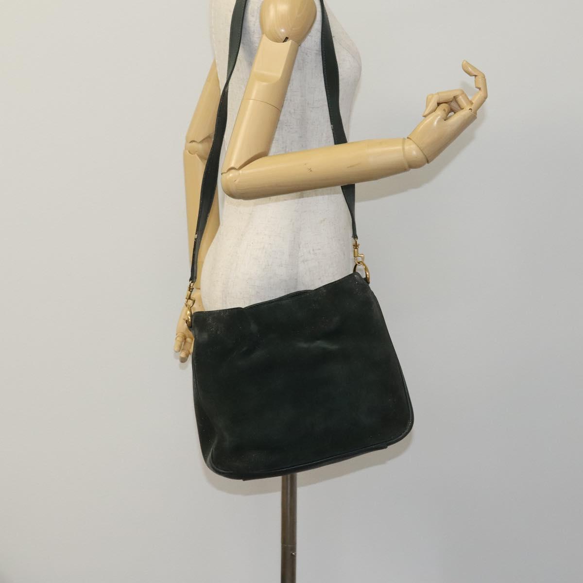 GUCCI Bamboo Shoulder Bag Suede Leather 2way Green Gold Auth EC725