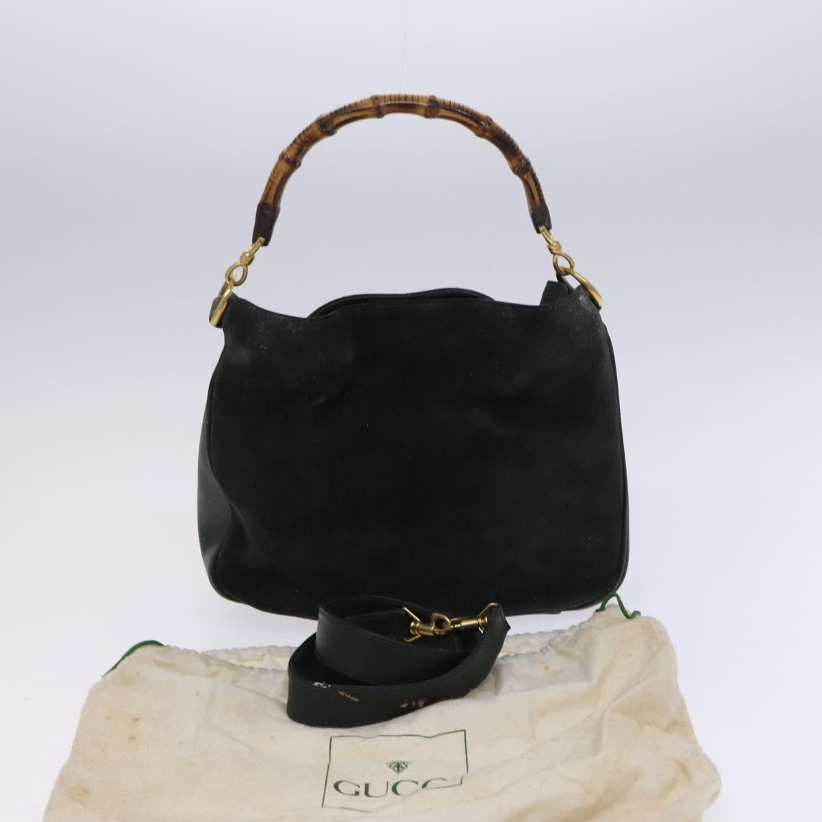 GUCCI Bamboo Shoulder Bag Suede Leather 2way Green Gold Auth EC725