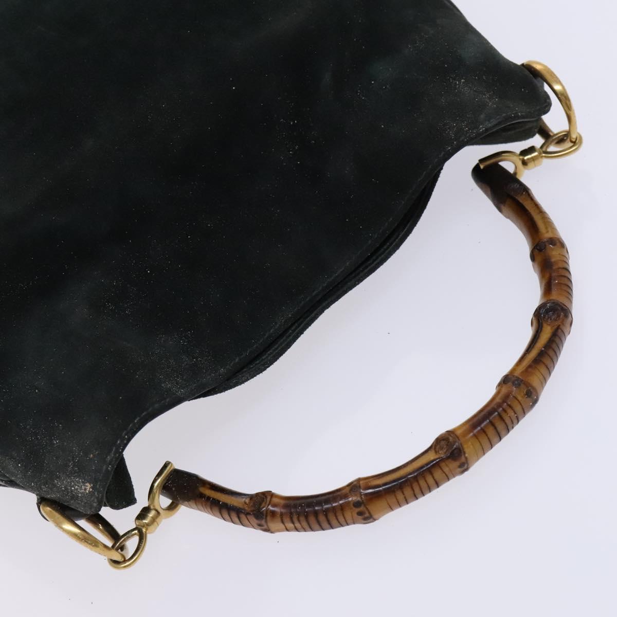 GUCCI Bamboo Shoulder Bag Suede Leather 2way Green Gold Auth EC725