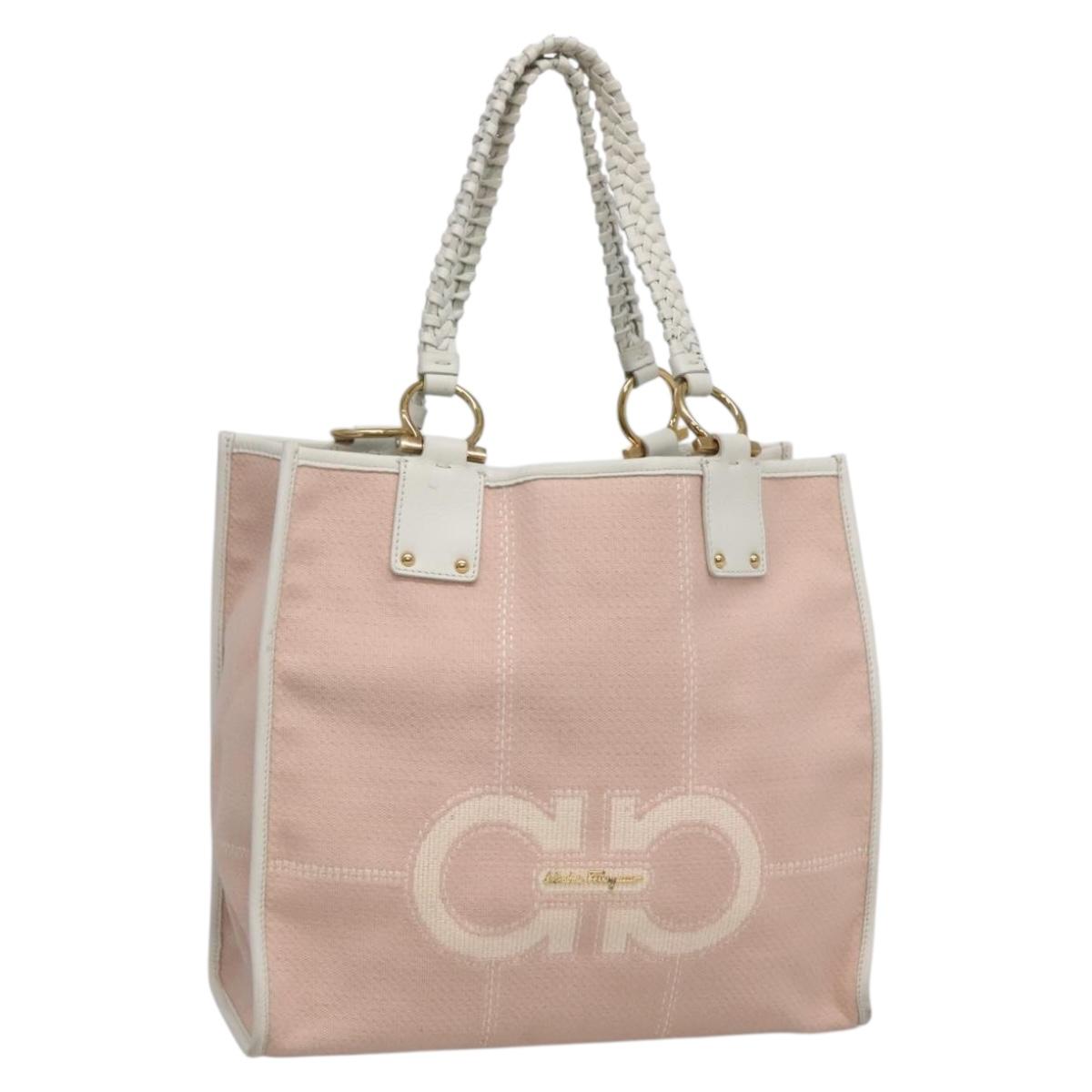 Salvatore Ferragamo Gancini Tote Bag Canvas Leather Pink White gold Auth EC754