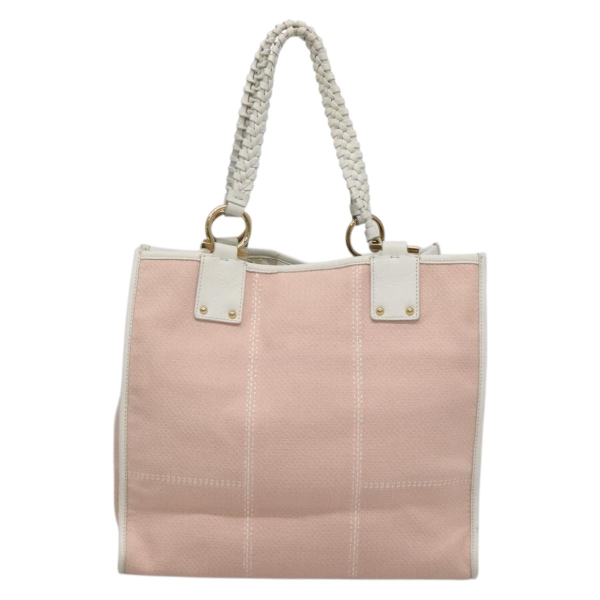 Salvatore Ferragamo Gancini Tote Bag Canvas Leather Pink White gold Auth EC754