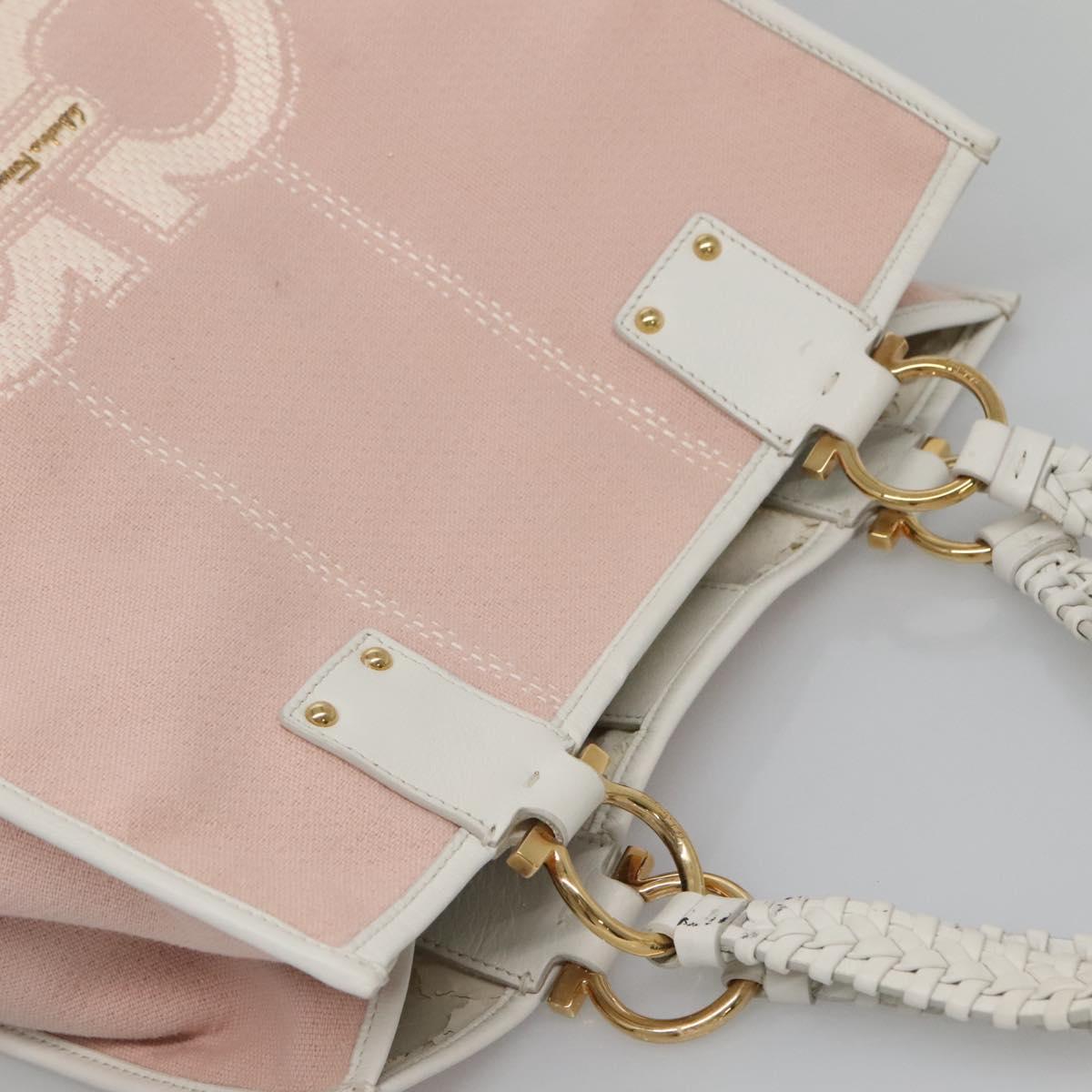 Salvatore Ferragamo Gancini Tote Bag Canvas Leather Pink White gold Auth EC754