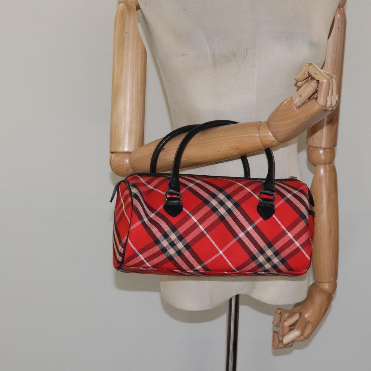 BURBERRY Nova Check Blue Label Hand Bag Nylon Leather Red Black gold Auth EC765