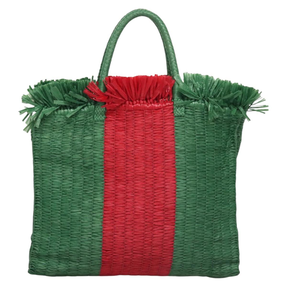 GUCCI Web Sherry Line Hand Bag Raffia Red Green 524810 Auth EC781V