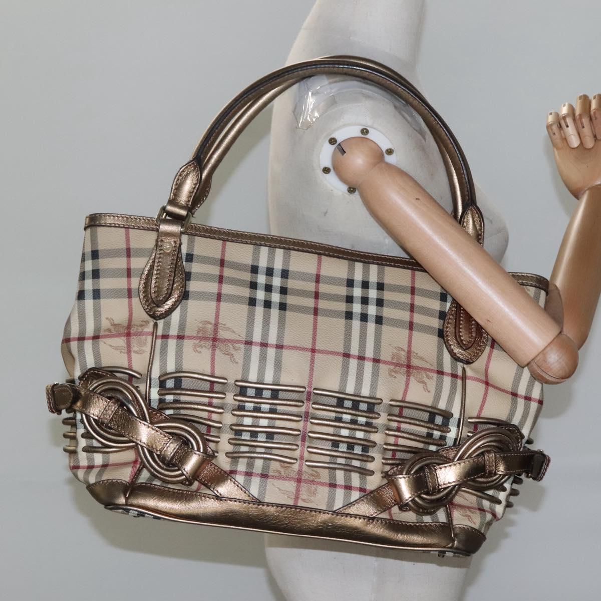 BURBERRY Nova Check Hand Bag PVC Leather Beige gold Auth EC786