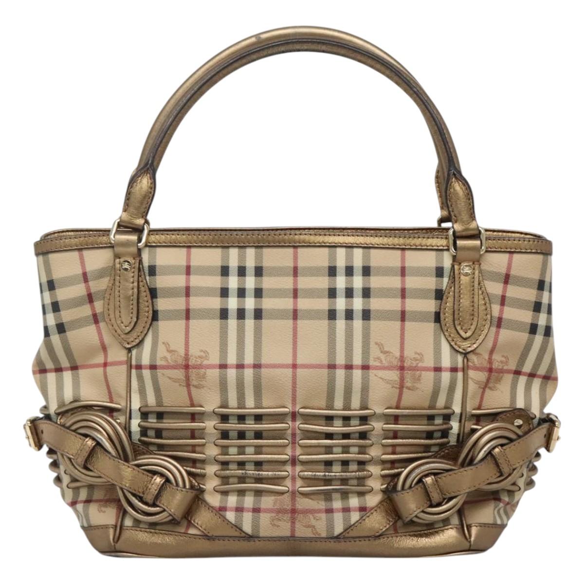 BURBERRY Nova Check Hand Bag PVC Leather Beige gold Auth EC786