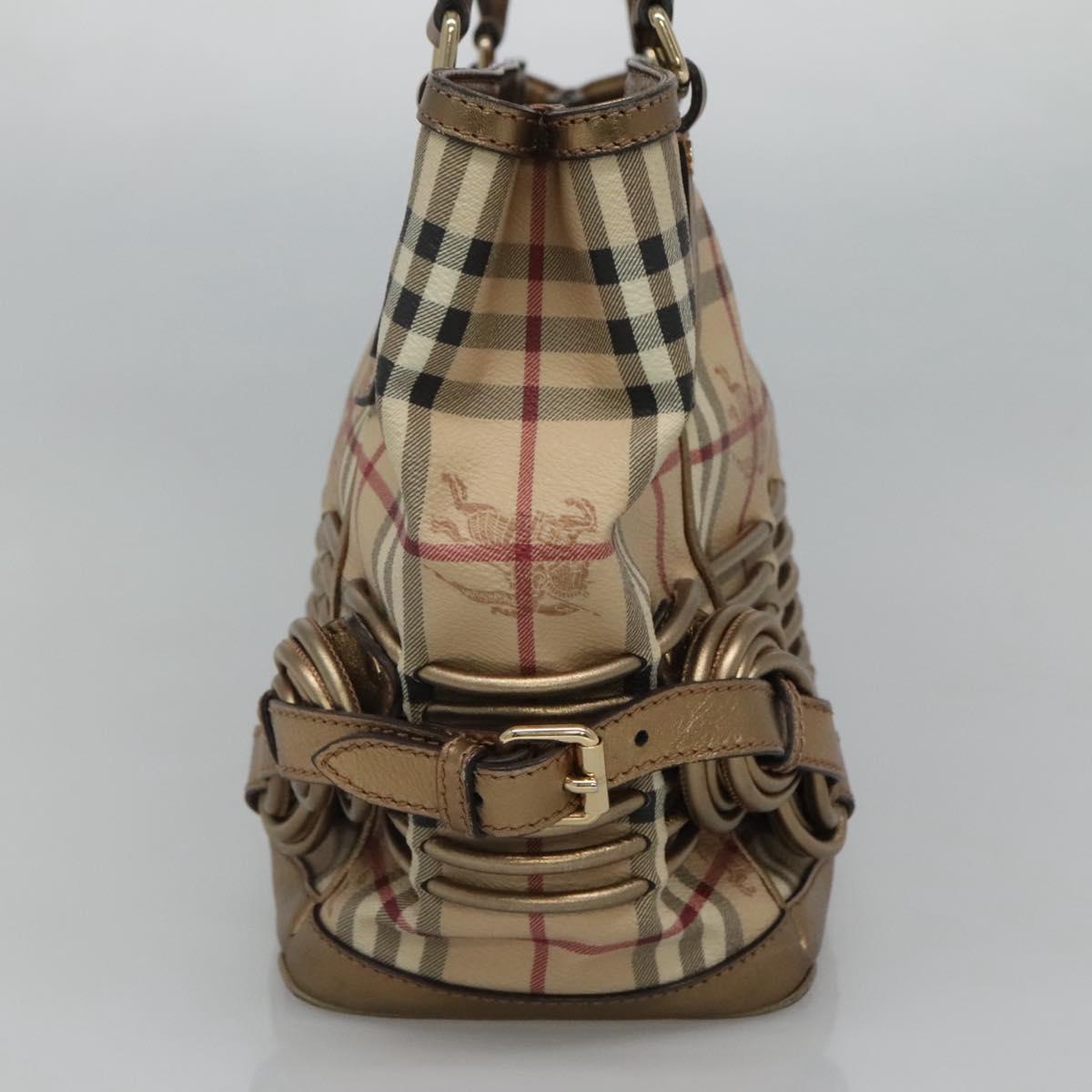 BURBERRY Nova Check Hand Bag PVC Leather Beige gold Auth EC786