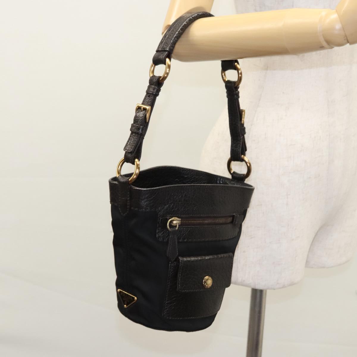 PRADA Hand Bag Nylon Leather Black Gold Auth EC817V