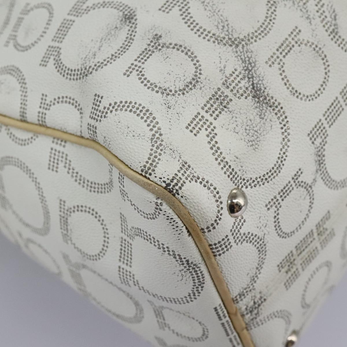 Salvatore Ferragamo Hand Bag Coated Canvas White Beige Silver Auth EC841