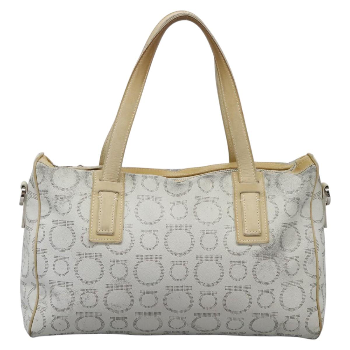 Salvatore Ferragamo Hand Bag Coated Canvas White Beige Silver Auth EC841
