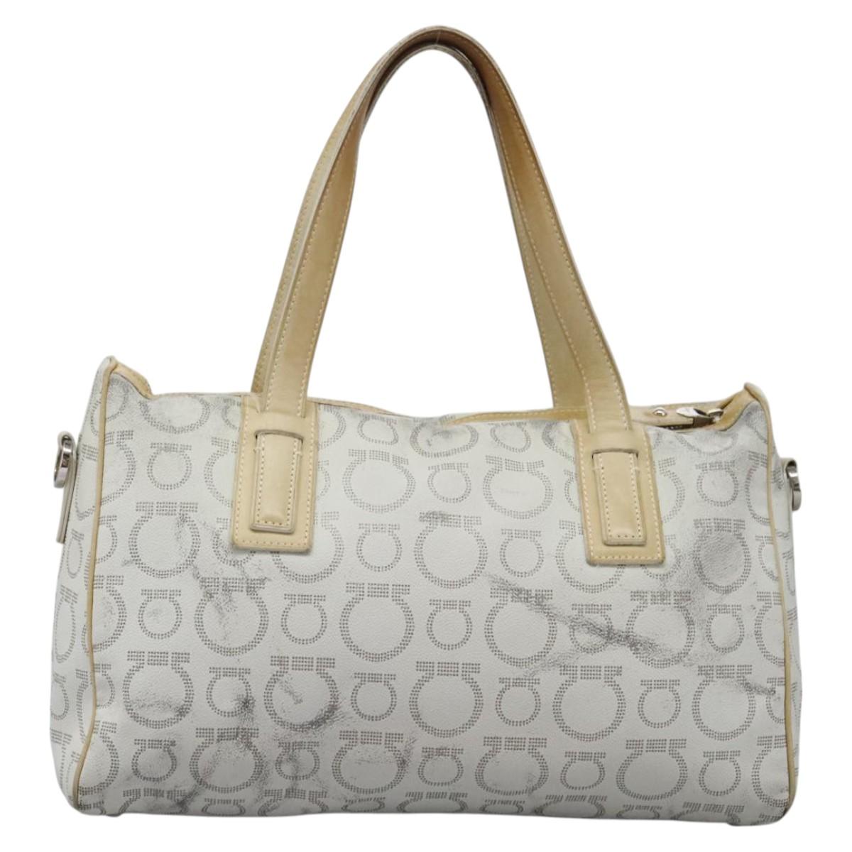 Salvatore Ferragamo Hand Bag Coated Canvas White Beige Silver Auth EC841
