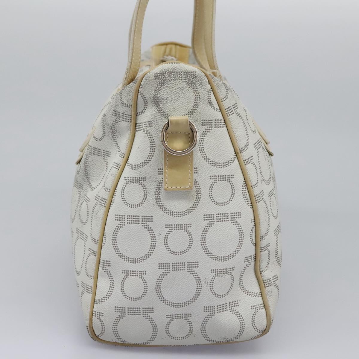 Salvatore Ferragamo Hand Bag Coated Canvas White Beige Silver Auth EC841