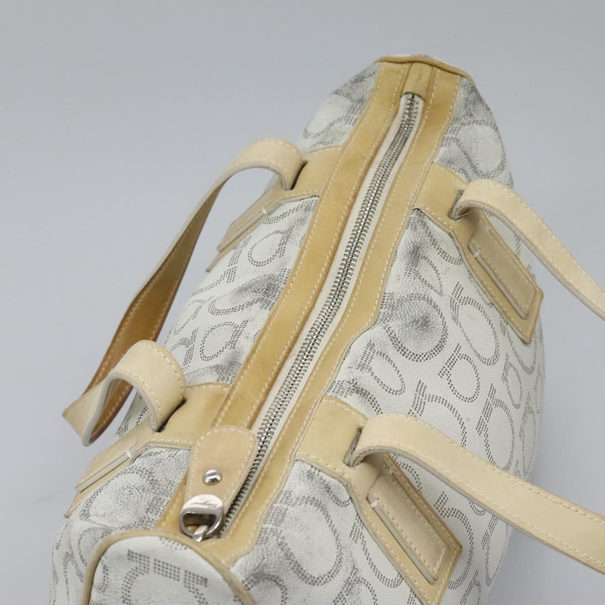 Salvatore Ferragamo Hand Bag Coated Canvas White Beige Silver Auth EC841