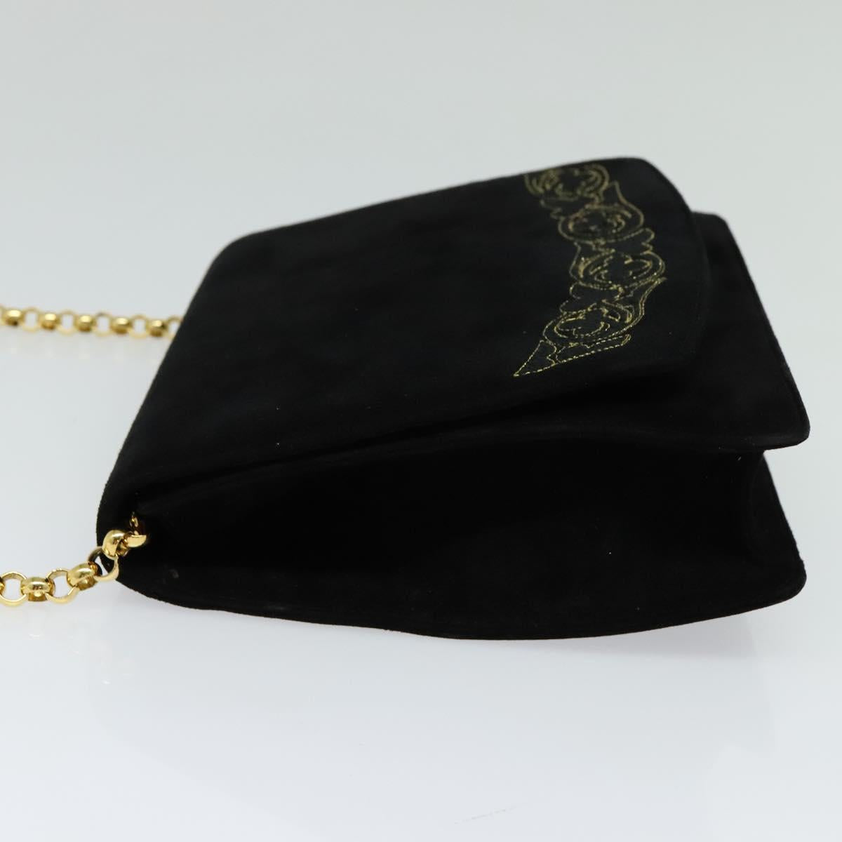 Salvatore Ferragamo Chain Shoulder Bag Suede Black Gold Auth EC847