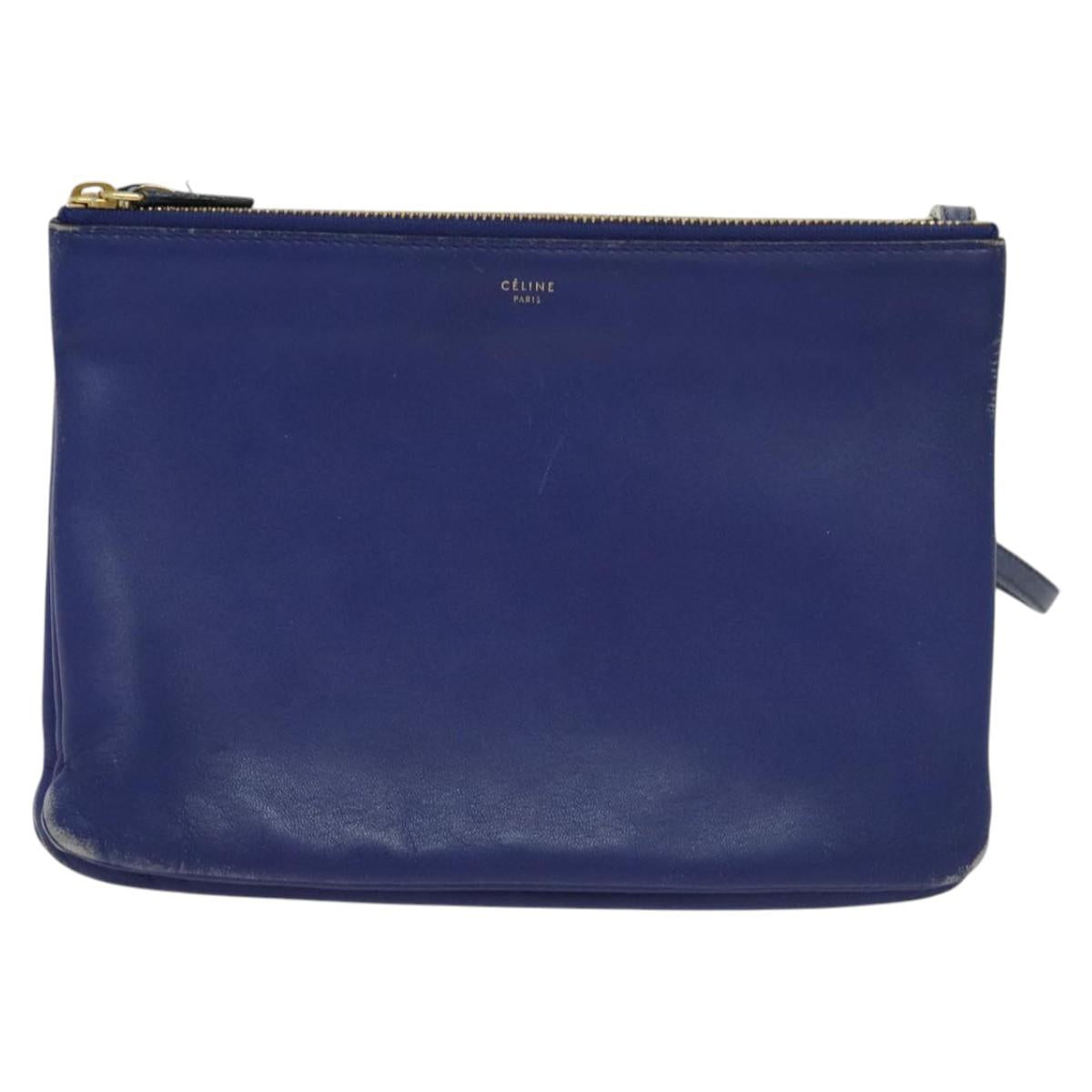 CELINE Trio Shoulder Bag Leather Blue Gold Auth EC863