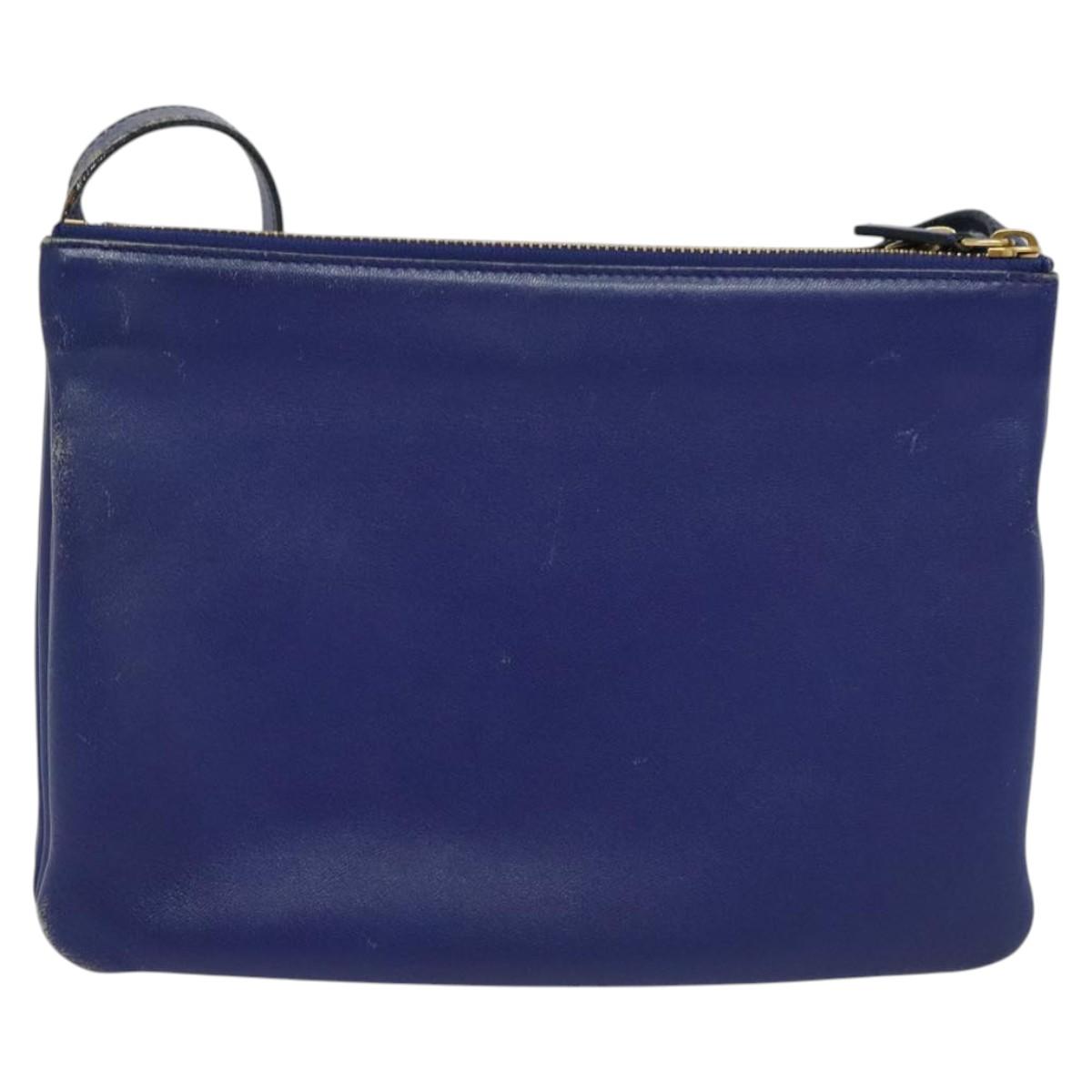 CELINE Trio Shoulder Bag Leather Blue Gold Auth EC863
