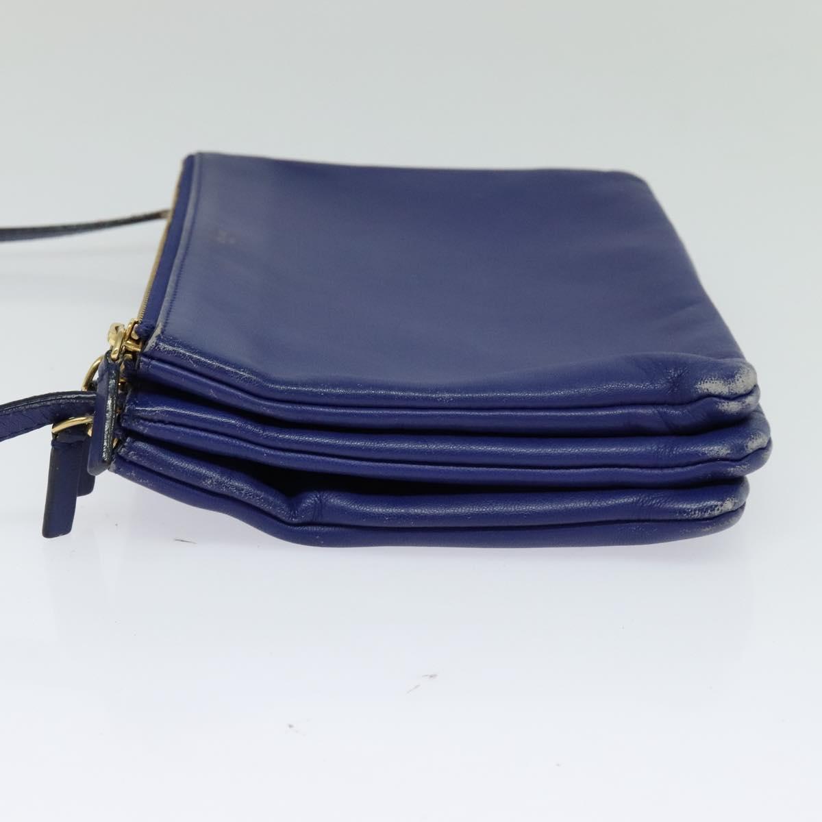 CELINE Trio Shoulder Bag Leather Blue Gold Auth EC863