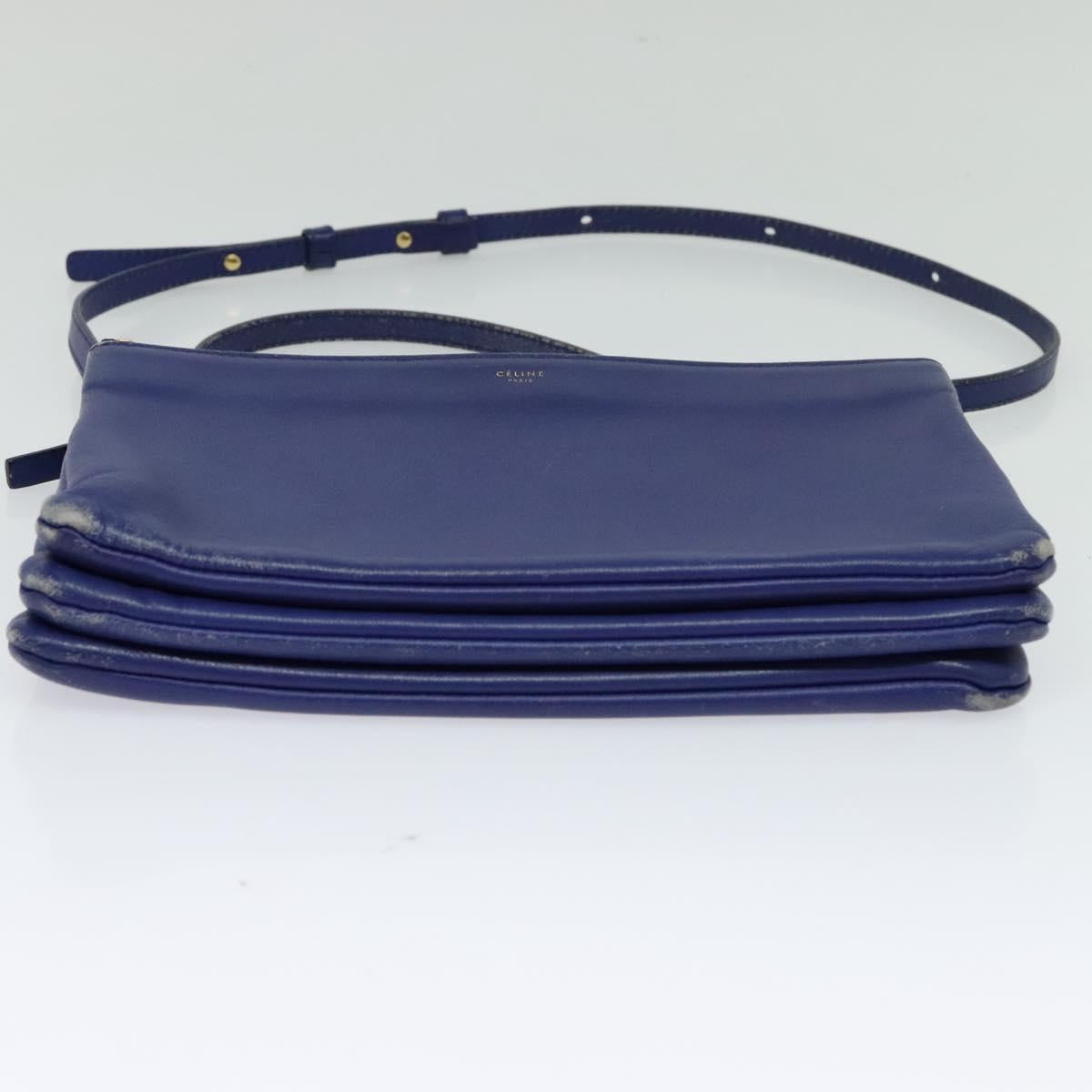 CELINE Trio Shoulder Bag Leather Blue Gold Auth EC863