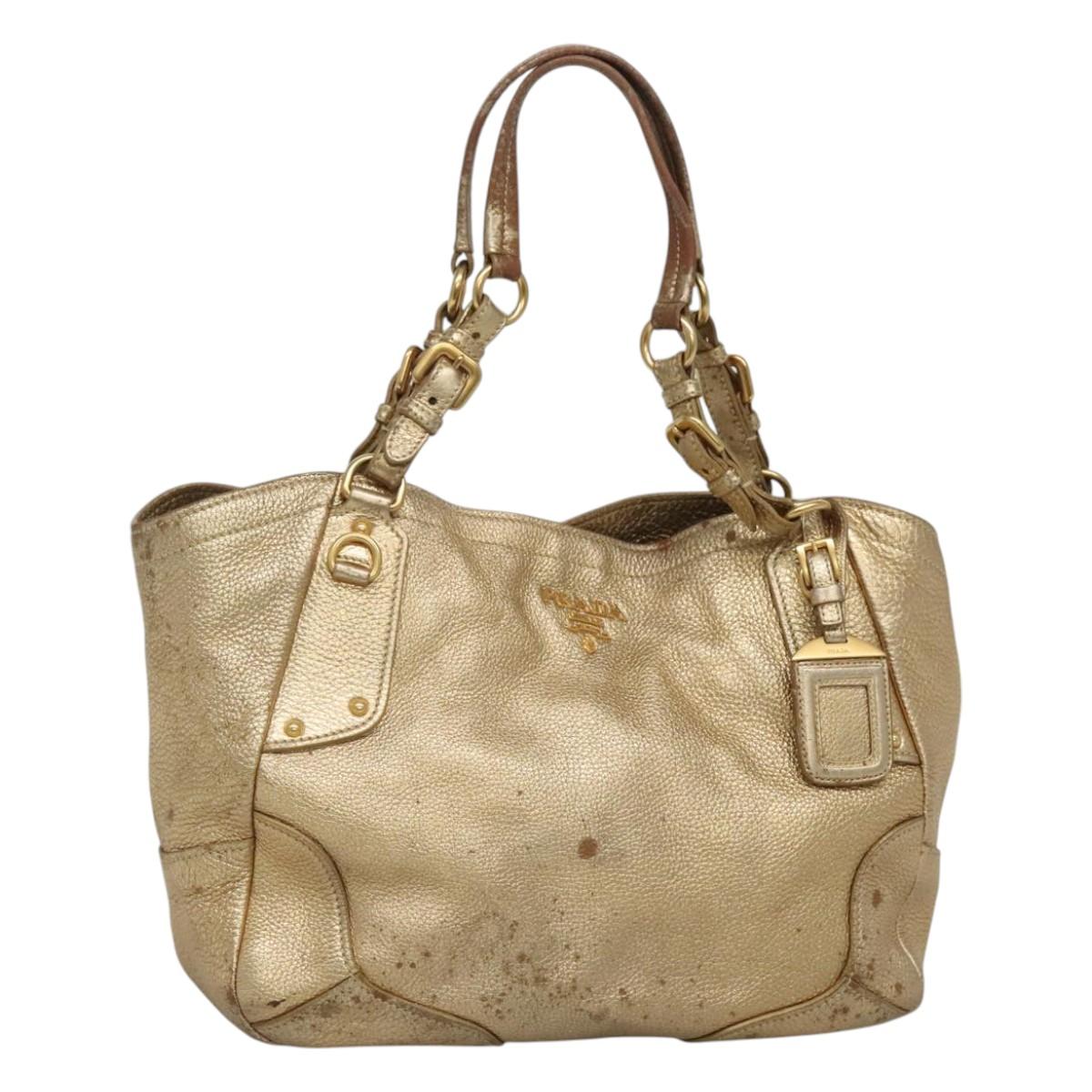 PRADA Tote Bag Leather Gold Tone Auth EC905