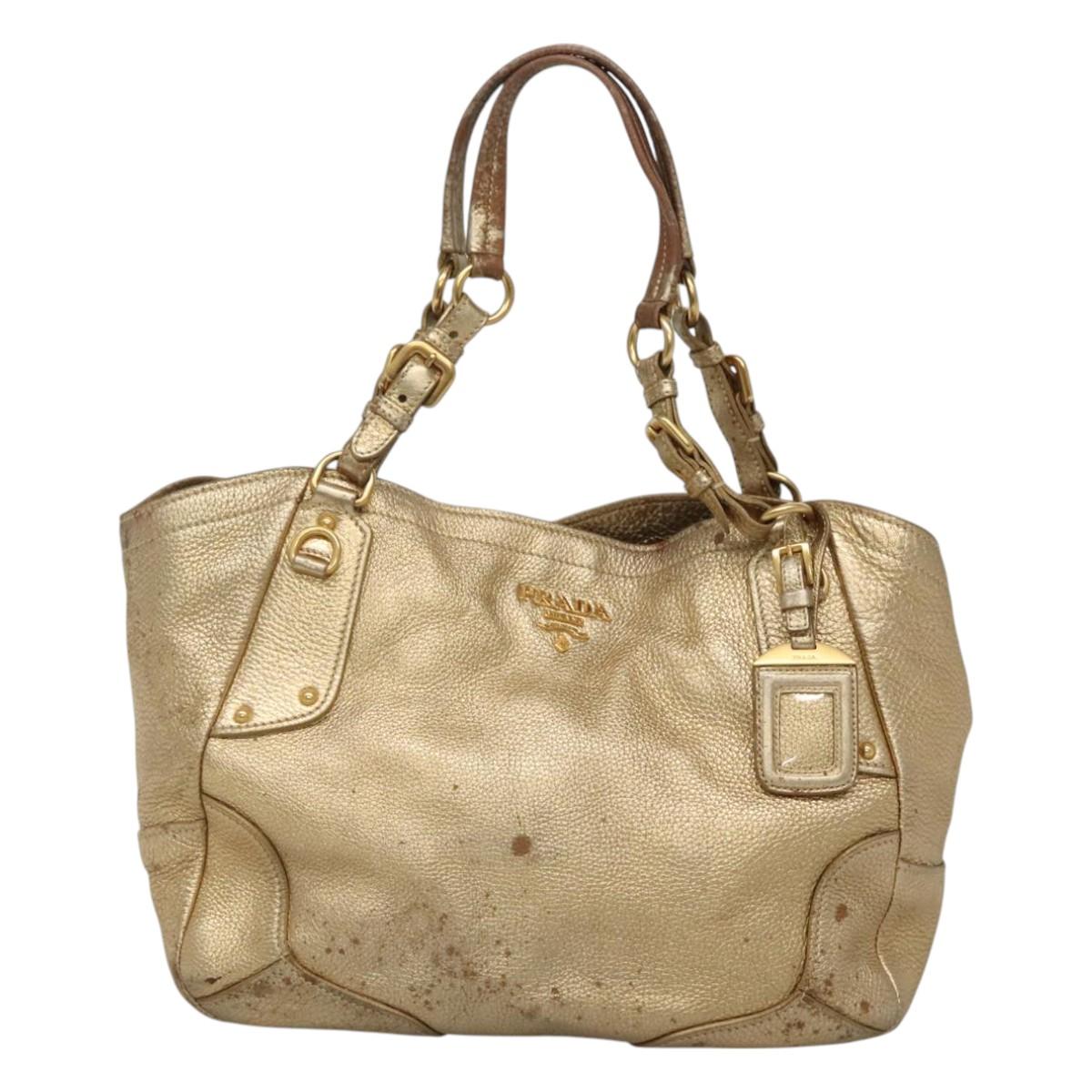 PRADA Tote Bag Leather Gold Tone Auth EC905