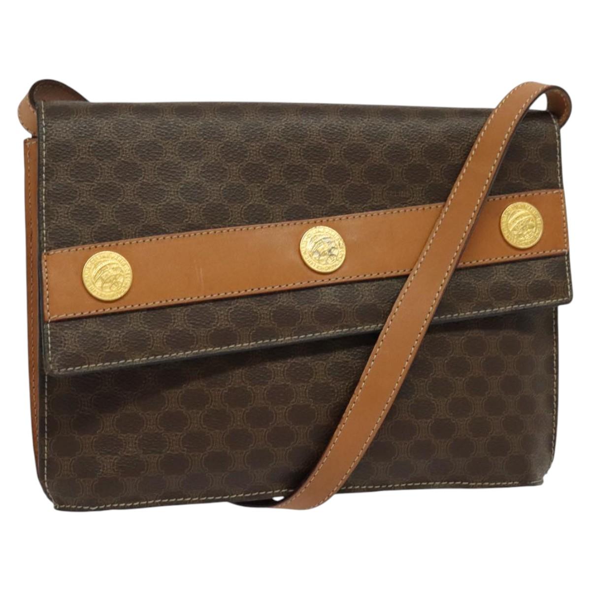 CELINE Macadam Canvas Coin Shoulder Bag PVC Leather Brown Gold Auth EC933