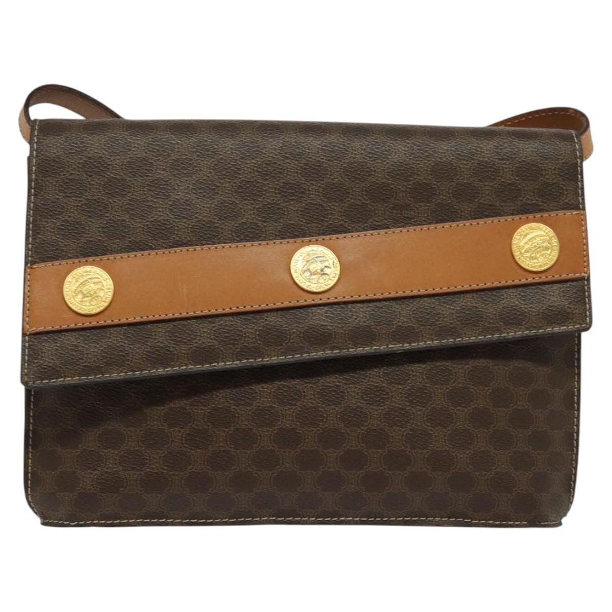 CELINE Macadam Canvas Coin Shoulder Bag PVC Leather Brown Gold Auth EC933