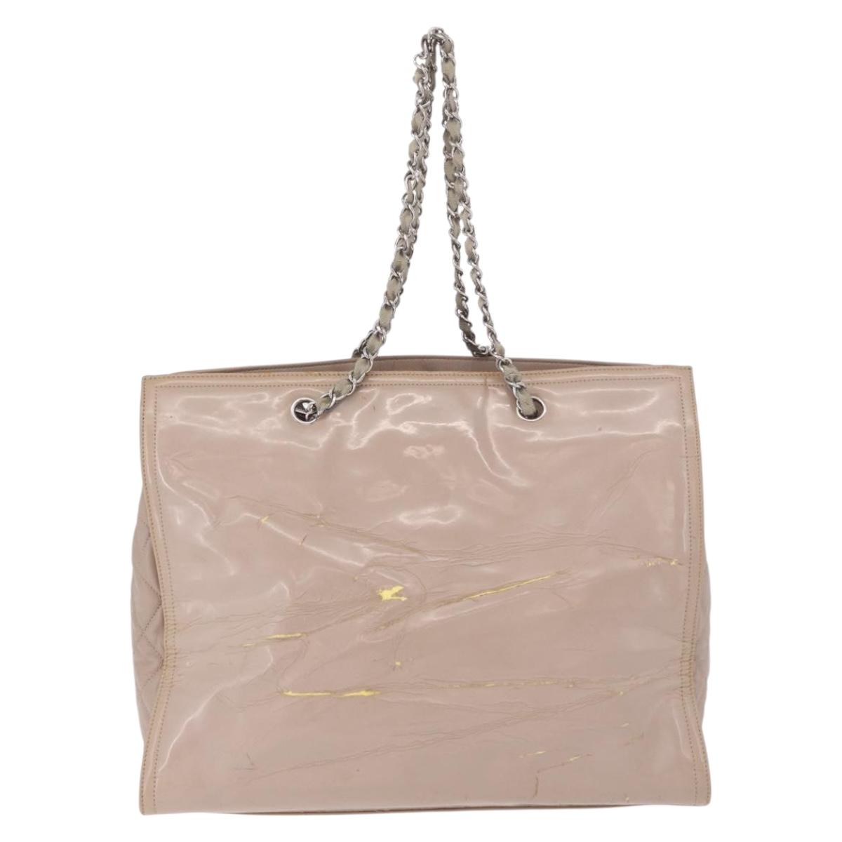 CHANEL Chain Tote Bag Patent leather Beige CC Auth EC956