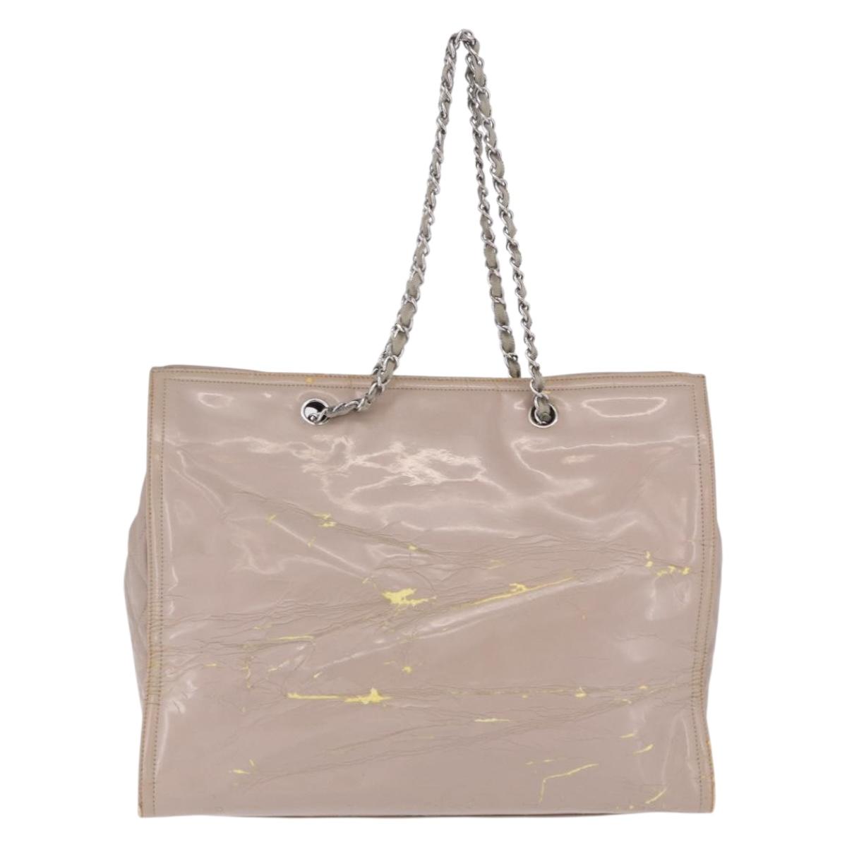CHANEL Chain Tote Bag Patent leather Beige CC Auth EC956
