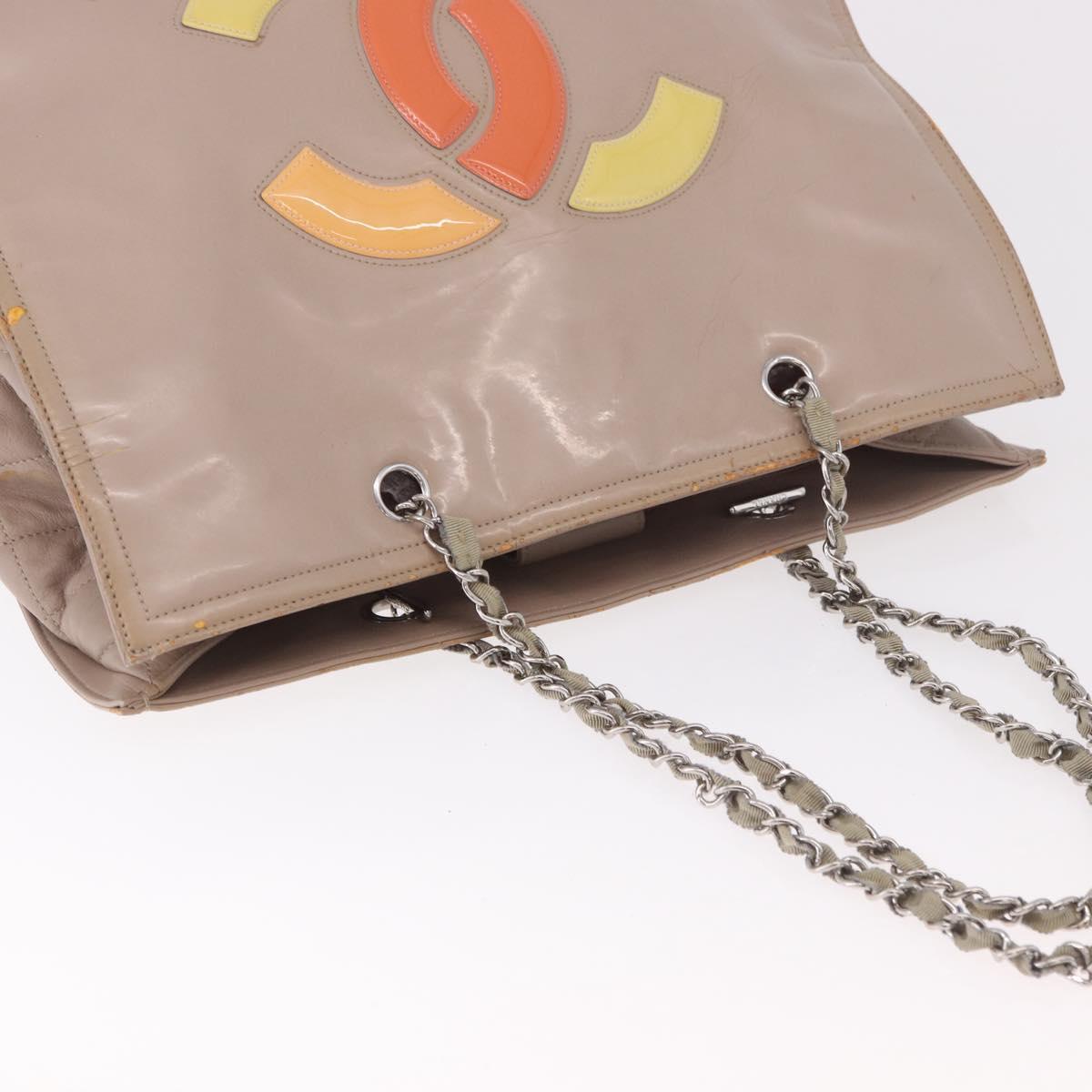 CHANEL Chain Tote Bag Patent leather Beige CC Auth EC956
