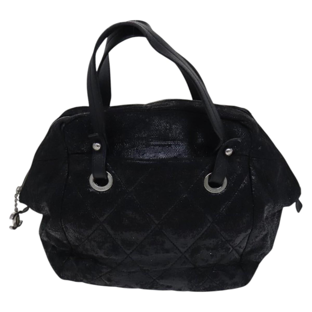 CHANEL Paris Biarritz PM Hand Bag Coated Canvas Black CC Auth EC957