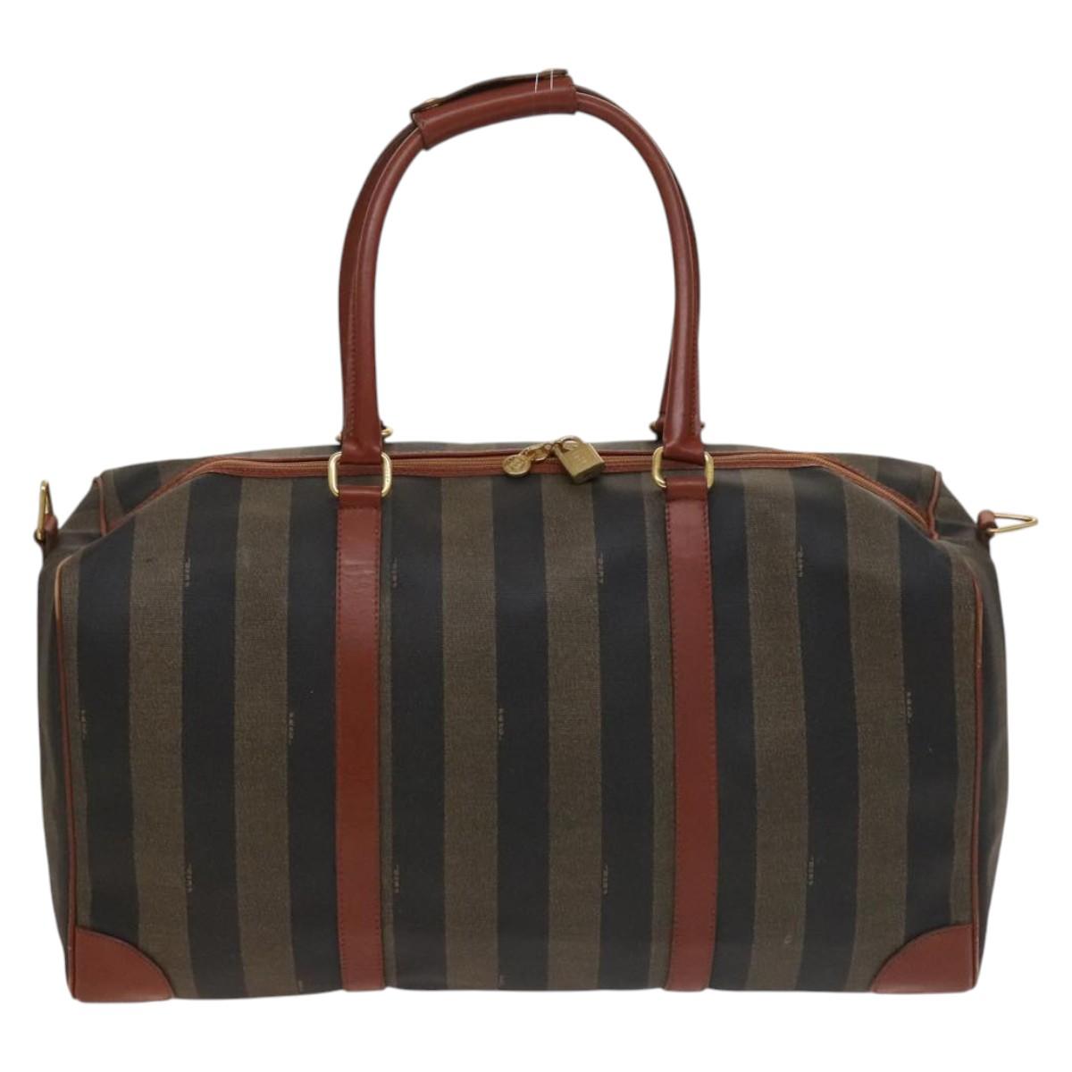 FENDI Pecan Canvas Boston Bag Black Brown gold Auth ep10025