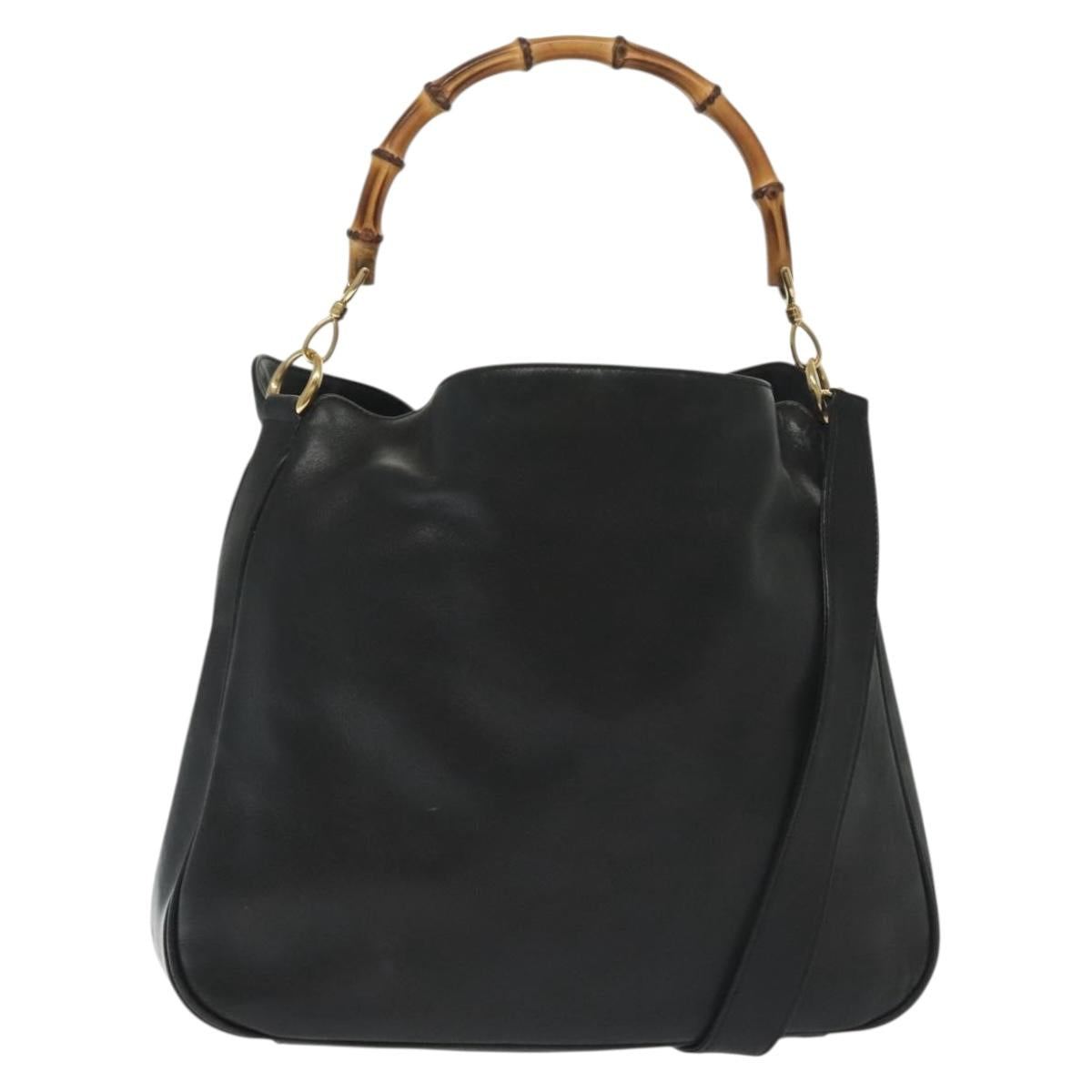 GUCCI Bamboo Hand Bag Leather 2way Black Gold 001 1577 3754 Auth ep10036