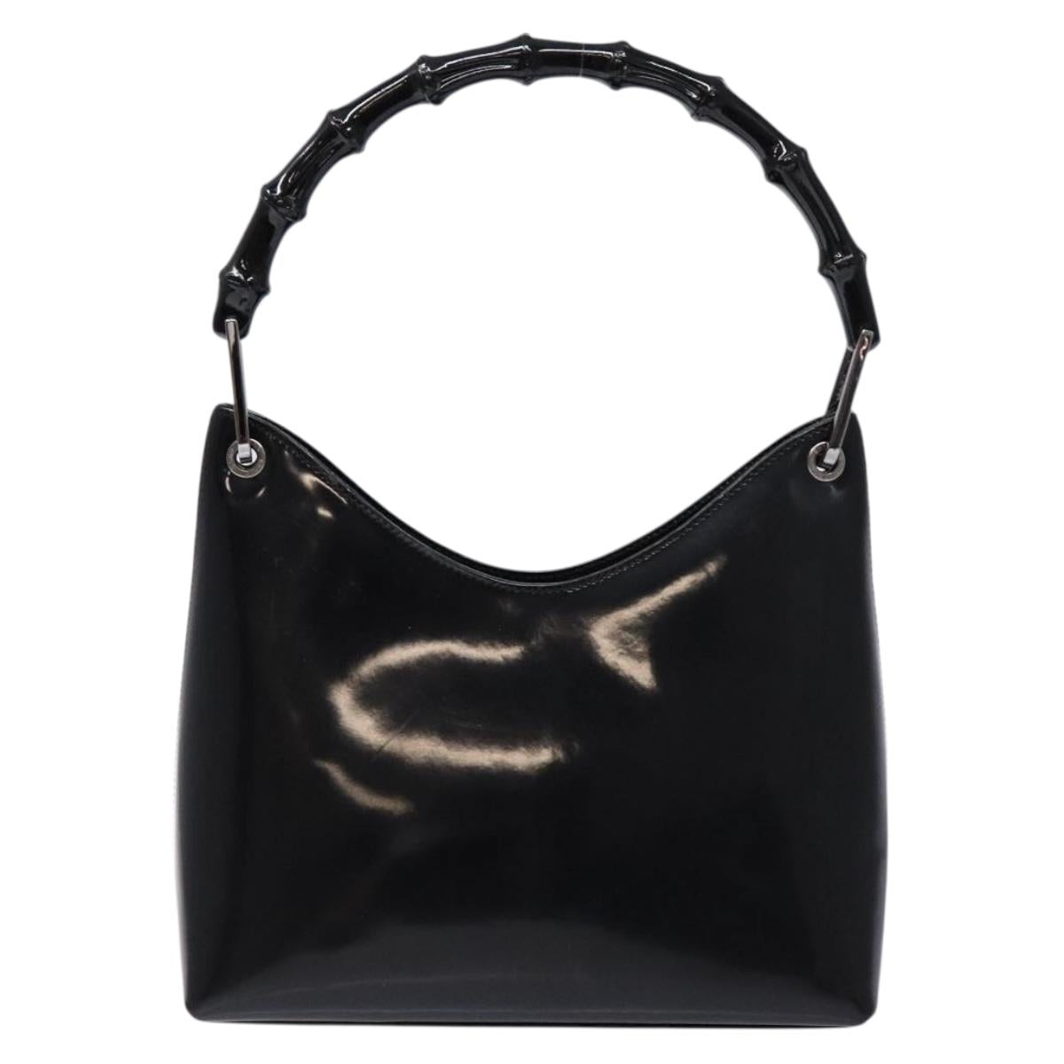 GUCCI Bamboo Shoulder Bag Patent leather Black Silver 001 1998 3008 Auth ep10067