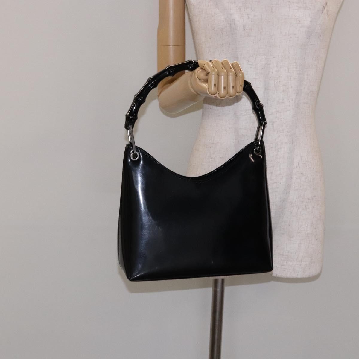 GUCCI Bamboo Shoulder Bag Patent leather Black Silver 001 1998 3008 Auth ep10067