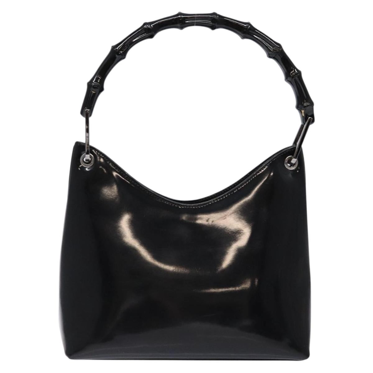 GUCCI Bamboo Shoulder Bag Patent leather Black Silver 001 1998 3008 Auth ep10067