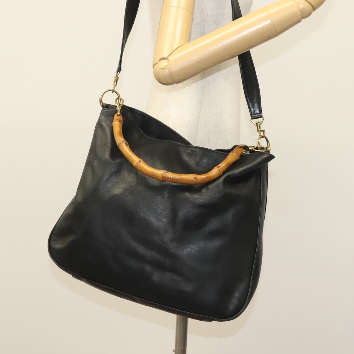 GUCCI Bamboo Hand Bag Leather 2way Black Gold 001 2852 1577 0 Auth ep10073